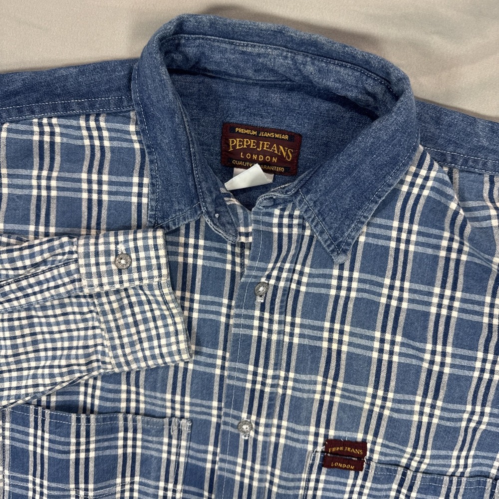 Pepe Jeans London Denim Long Sleeve Mens L Blue Plaid Long USA Made Farmcore